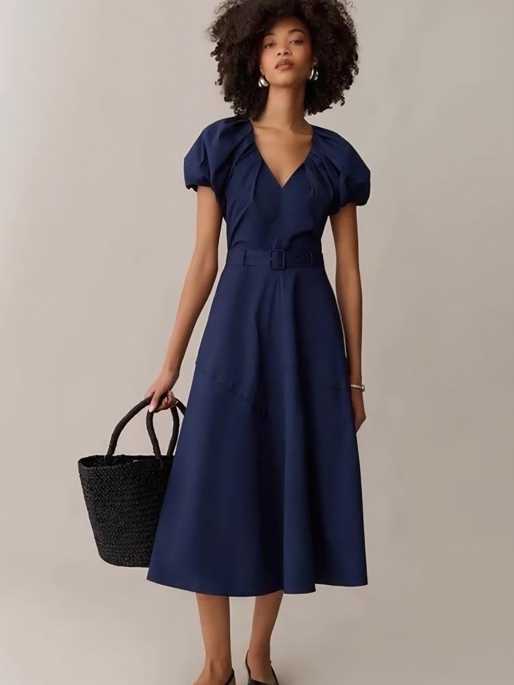 Deep Navy Puff-Sleeve Midi Dress with Self Belt